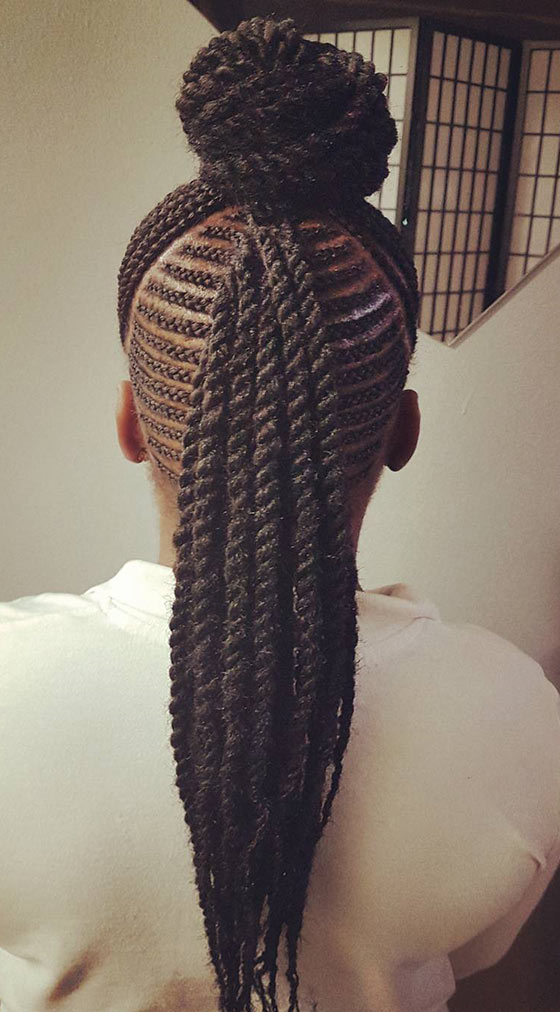 Cornrows ponytail and bun combo braids hairstyle