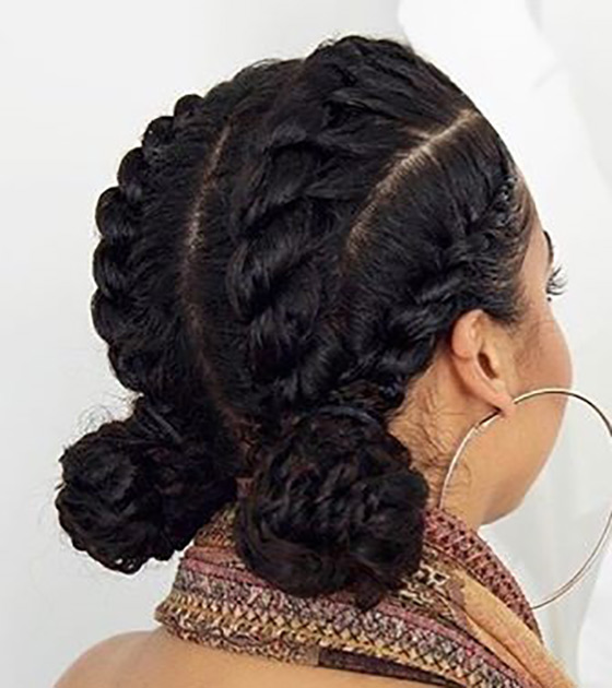 Cutesy cornrow double buns braids hairstyle