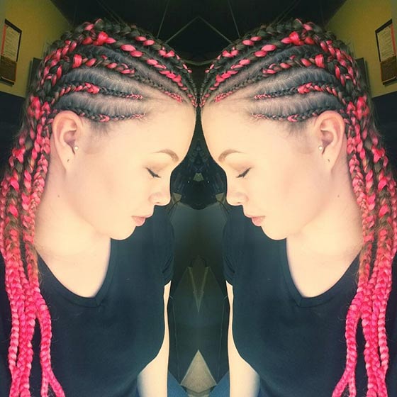 Magenta straight backs cornrow braids hairstyle