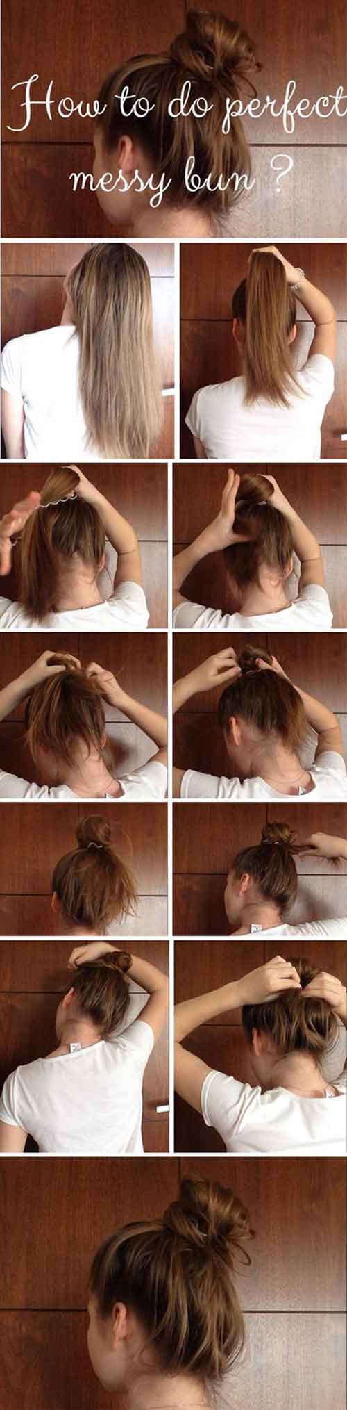 Perfect messy bun hairstyle for long thin hair