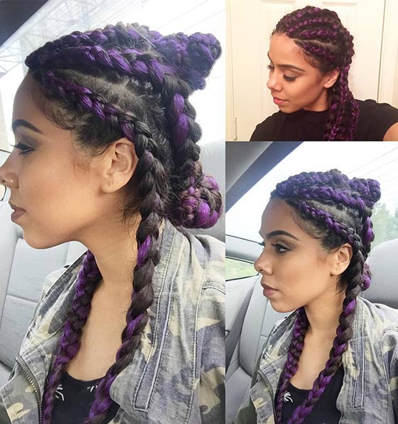 Deep purple cornrow buns braids hairstyle
