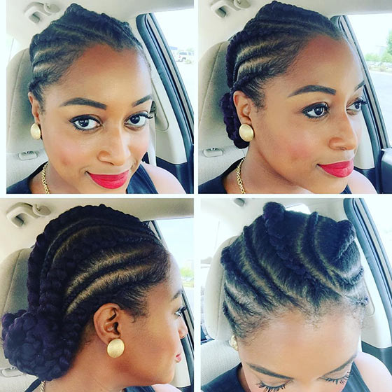 Curved cornrows bun braids hairstyle