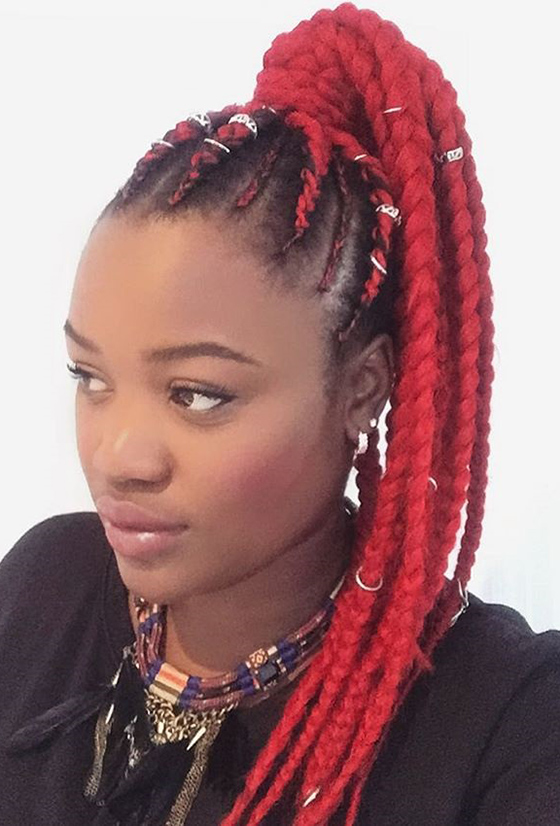 Red bombshell high ponytail cornrows braids hairstyle