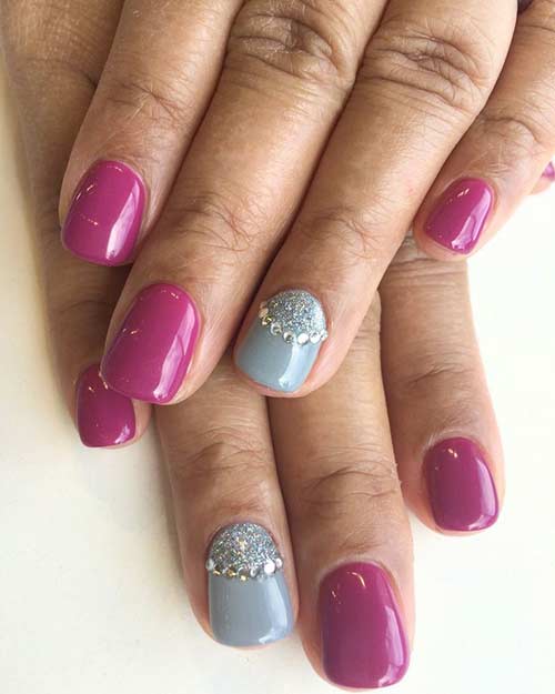 Fuchsia and grey rhinestones 3D nail art designs