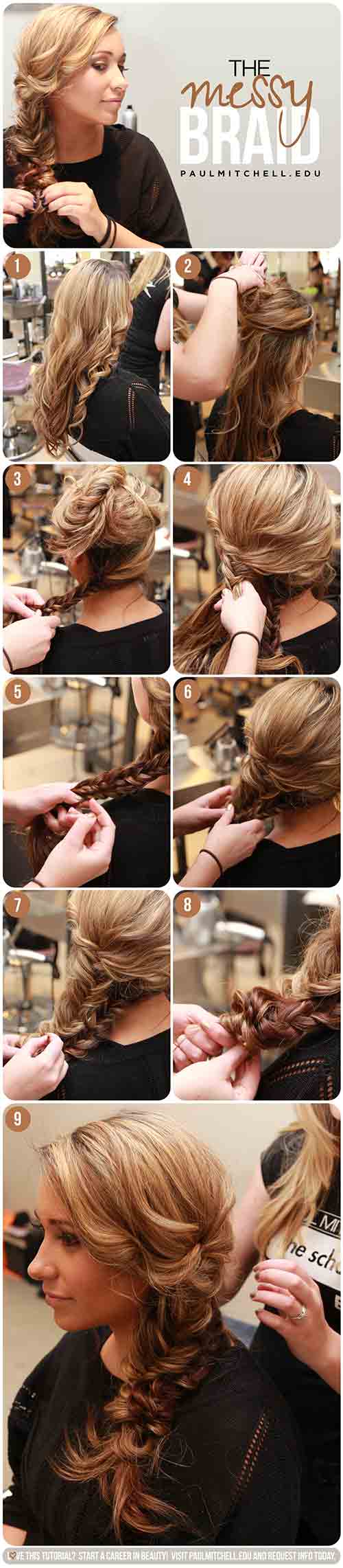 Messy double fishtail braided hairstyle for long thin hair