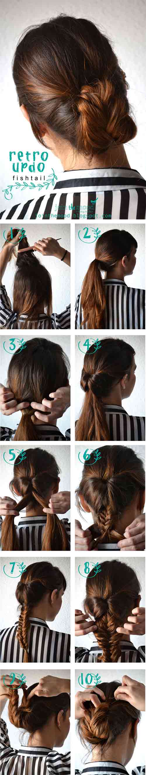 Retro fishtail updo hairstyle for long thin hair