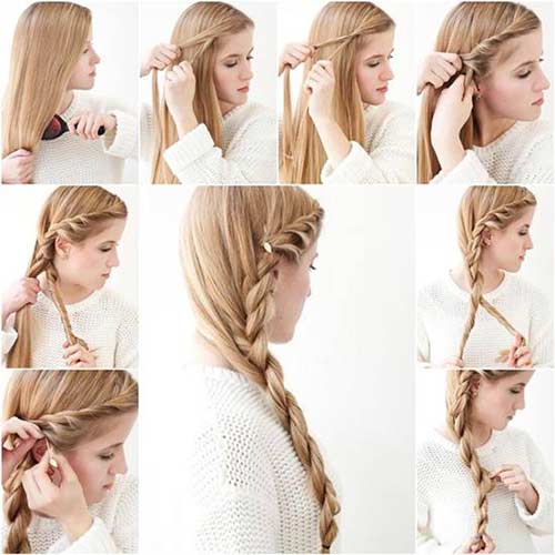 French twisted side braided hairstyle for long thin hair