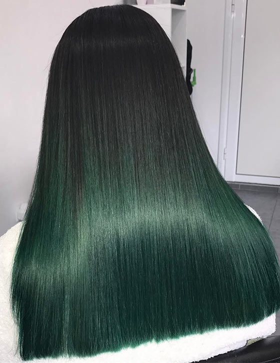 Bottle green ombre on blunt cut ends for a sexy, mysterious vamp look