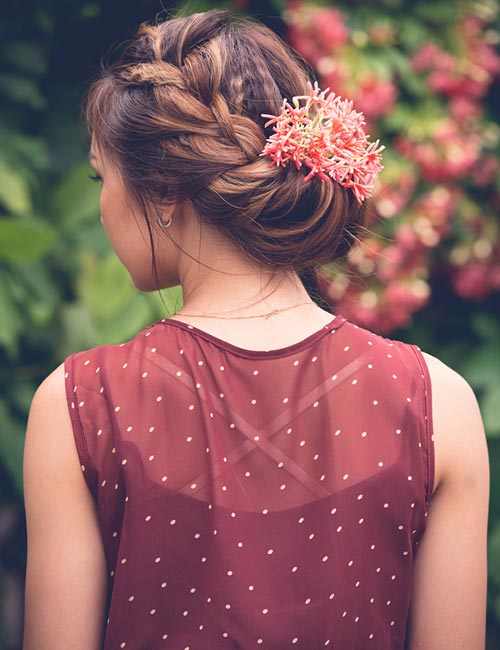 Braided crown bun hairstyle for long hair