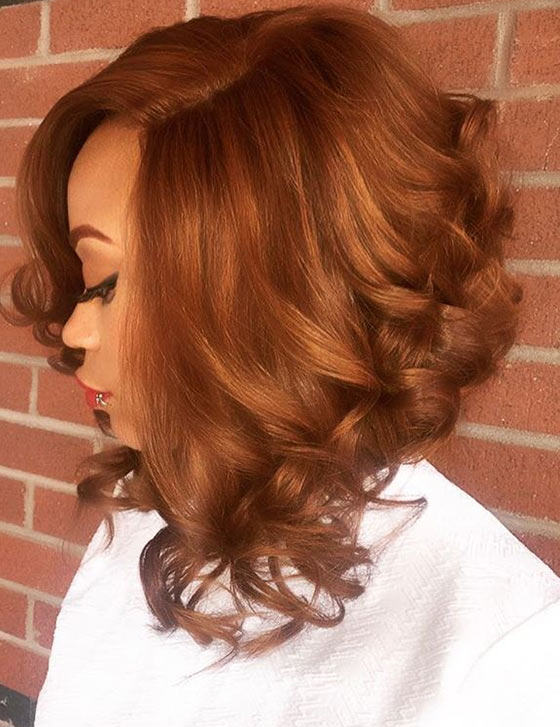 Bronze, curly, mid-length bob haircut for black women