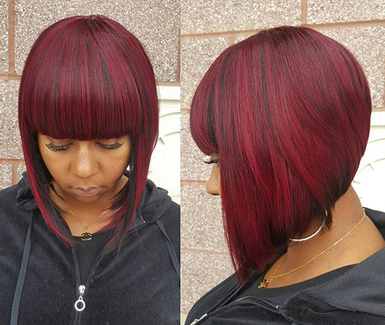 A-line burgundy bob with dense bangs for black women
