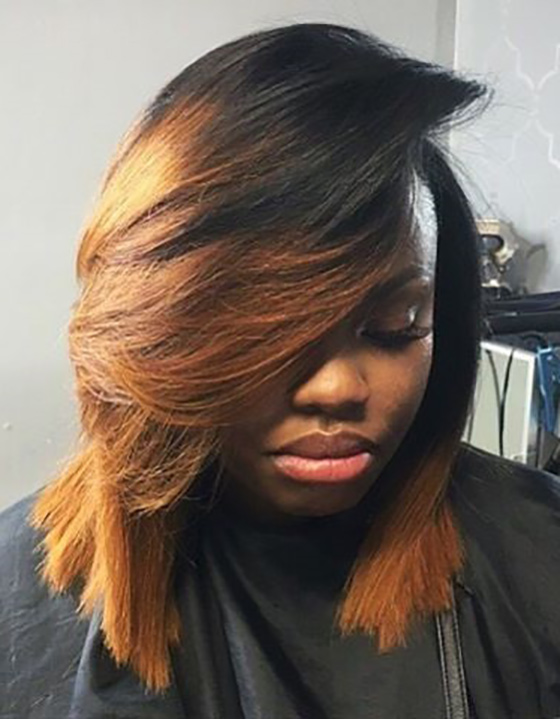 Dark roots caramel toned long bob for black women