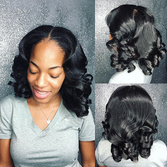 Center-parted long bob with structured bottom curls for black women