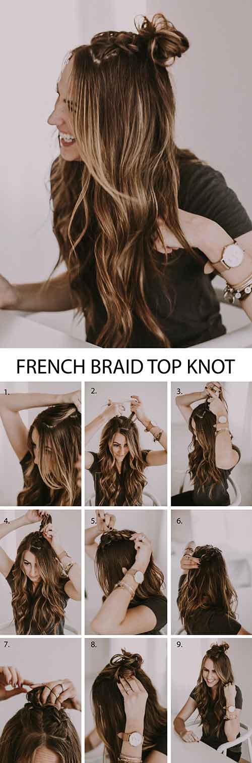 Double French braid top knot hairstyles for girls
