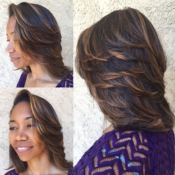 Fine long bob with feathered layers for black women