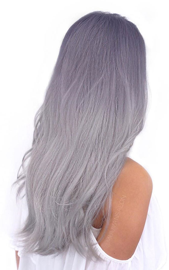 Lilac grey ombre on long hair for an ethereal look