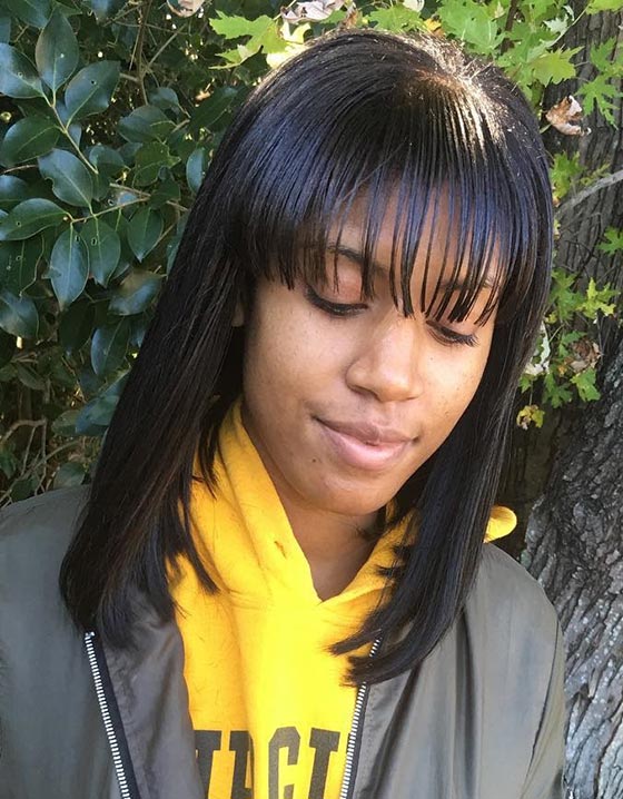 Long fine bob with straight wispy bangs for black women