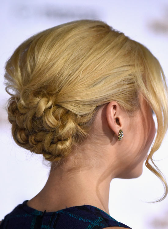 Low flowery bun hairstyle for medium-length hair