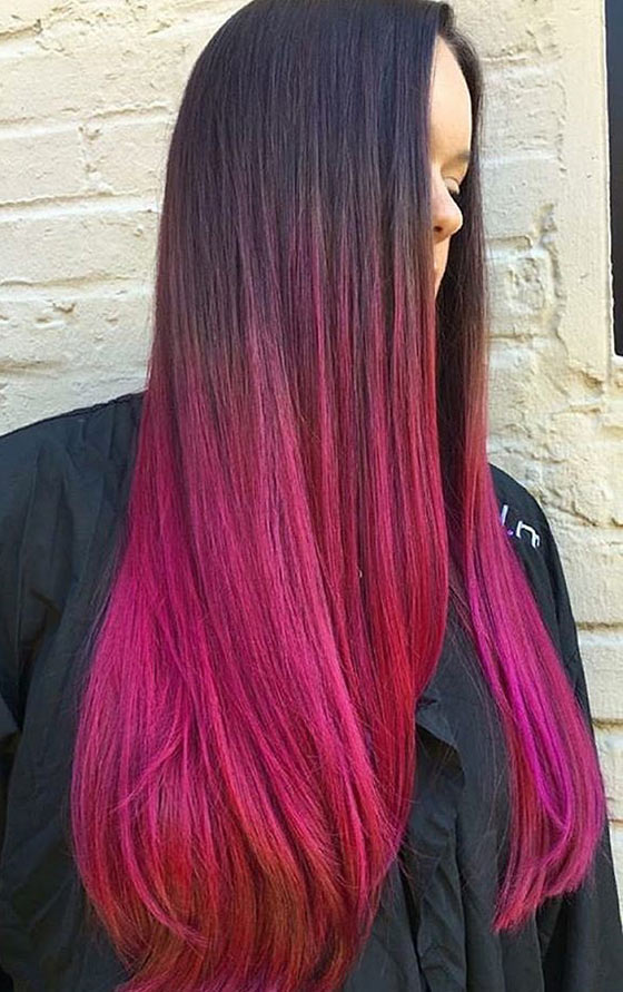 A stunning magenta ombre on straight long hair