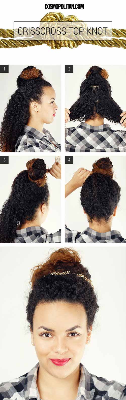 Messy crisscross top knot