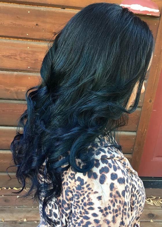 Navy blue ombre on long curls for a super subtle look