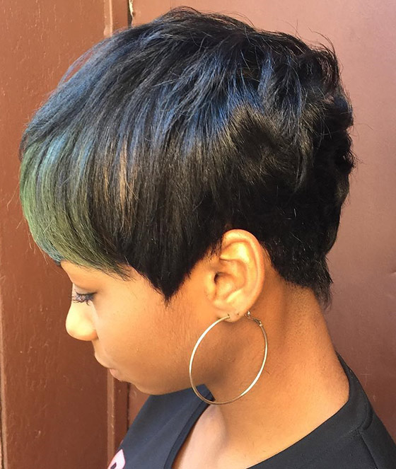Pixie bob haircut with olive green highlights for black women