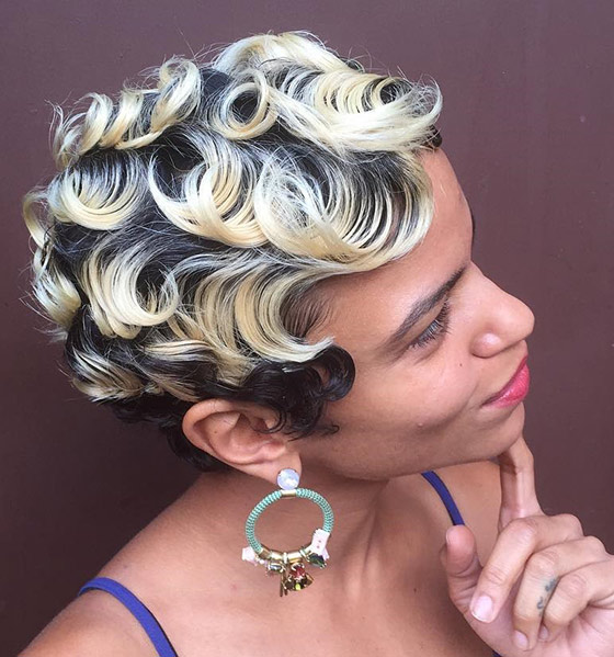 Blonde and black short wavy pixie bob for black women