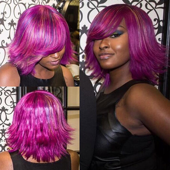 Purple and pink flicked out short bob for black women