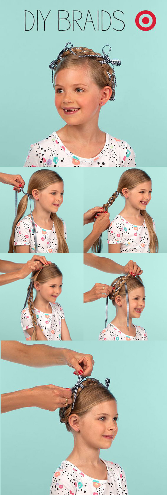 Ribboned up milkmaid braids for little girls