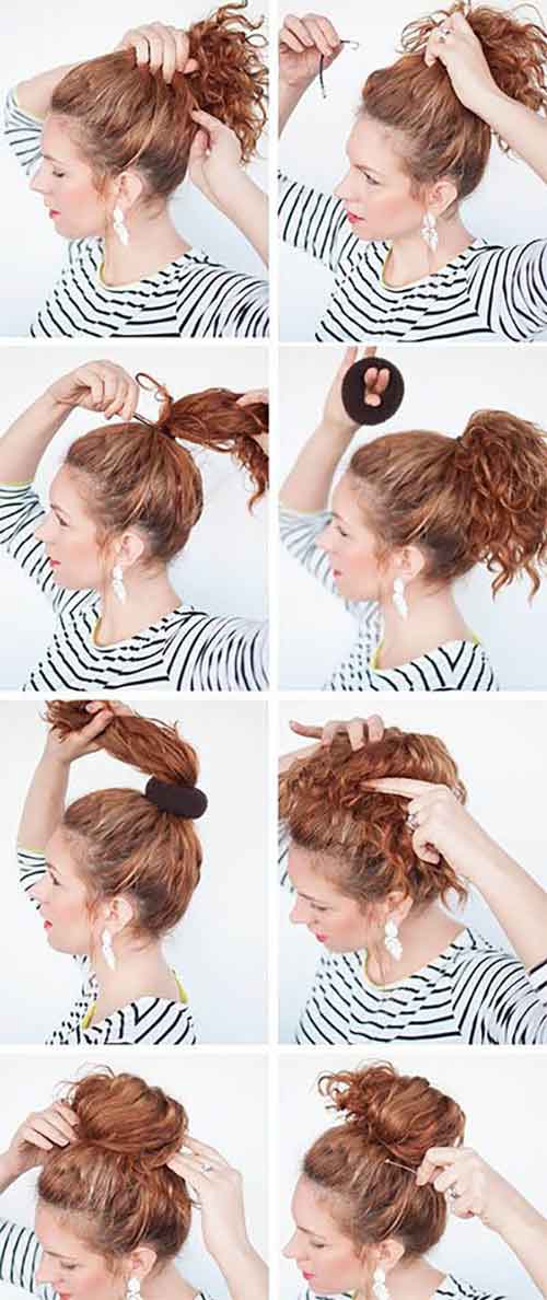 Sock bun hairstyle for curly hair