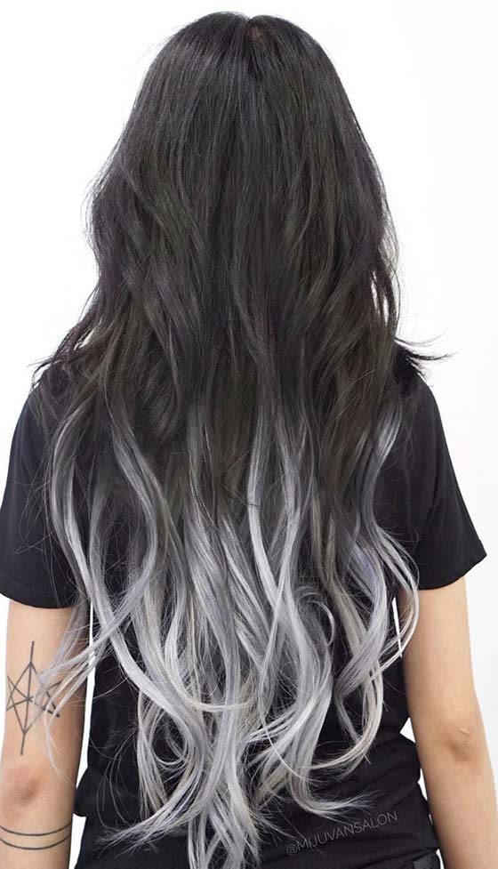 A super cool storm silver ombre on waist-length hair