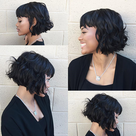 Short toussled bob with eyebrow grazing bangs for black women