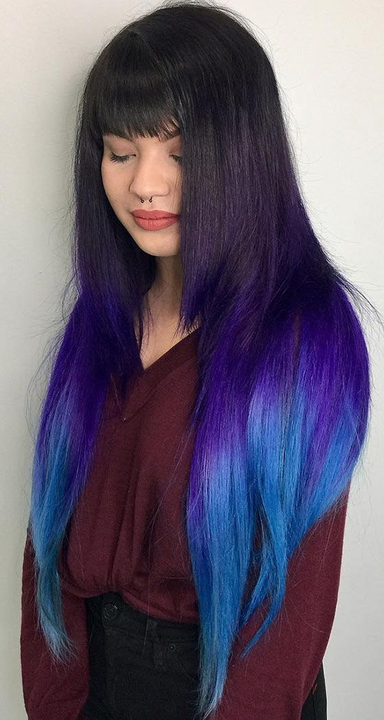 Ultraviolet ombre on long layered hair for a galaxy inspired look